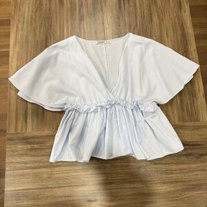 Zara Light Blue Ruffled Flutter 100% Cotton V-Neck Sleece Top Size Medium